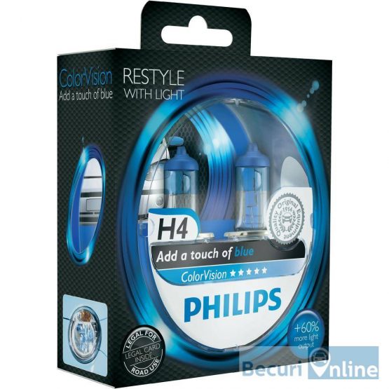 Set 2 becuri auto far halogen H4 Philips Color Vision Blue, 12V, 60/55W
